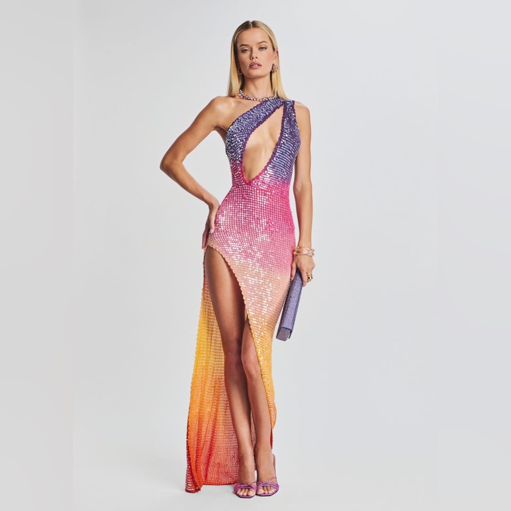 Retrofête Candice Sequin Crochet Cutout Slit Dress | Ombré | M/L | Like New